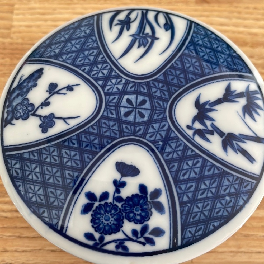Japan Takahashi Round Trinket Box approx 4” x 1 1/4” no chips